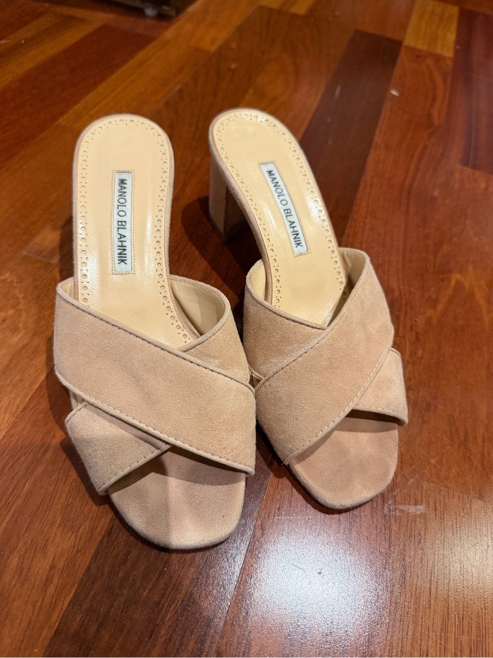 Manolo Blahnik Tan Suede Crisscross Mule Heels